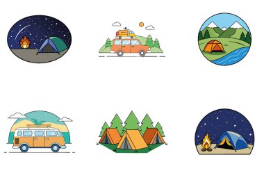 Kamp eğlencesi. Bir demet Oyuncu ve Şenlikli Toplama Simgesi. Al, Image Set 'i oluşturdu. Clipart çizgi film deisgn simgeleri