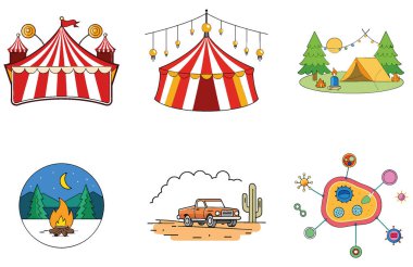 Kaçış Kampı. Konforlu ve Huzur Toplama Simgeleri Paketi. Al, Image Set 'i oluşturdu. Clipart çizgi film deisgn simgeleri