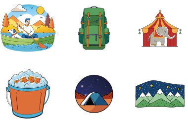 Kamp tatilleri. Cozy and Festive Collection Icons paketi. Al, Image Set 'i oluşturdu. Clipart çizgi film deisgn simgeleri