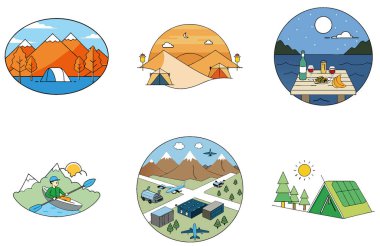 Kamp Macerası. Bir Bağ ve Huzur Toplama Simgeleri Paketi. Al, Image Set 'i oluşturdu. Clipart çizgi film deisgn simgeleri