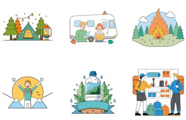 Kamp Macerası. Sıcaklık ve Huzur Toplama Simgeleri Paketi. Al, Image Set 'i oluşturdu. Clipart çizgi film deisgn simgeleri