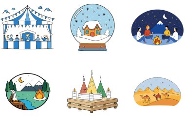 Kamp Macerası. Minimalist ve Gezgin Şehvet Toplama Simgeleri. Al, Image Set 'i oluşturdu. Clipart çizgi film deisgn simgeleri