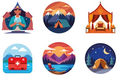 Kamp Paketi. Orman Yumuşak Odaklanma Kampı Çıkartmaları. Al, Image Set 'i oluşturdu. Clipart çizgi film deisgn simgeleri