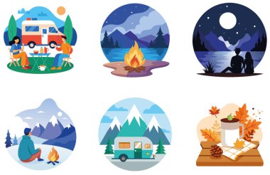 Kamp Paketi. Everest Merkez Kampı Aydınlatılmış Çadırlar Koleksiyon Çıkartmaları. Al, Image Set 'i oluşturdu. Clipart çizgi film deisgn simgeleri
