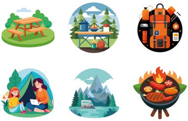 Kamp Paketi. Boş Sirk Çadırı Sahne Etiketleri. Al, Image Set 'i oluşturdu. Clipart çizgi film deisgn simgeleri