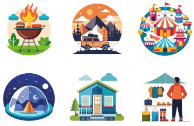 Kamp Paketi. El yapımı sirk çadırı koleksiyonu çıkartmaları. Al, Image Set 'i oluşturdu. Clipart çizgi film deisgn simgeleri