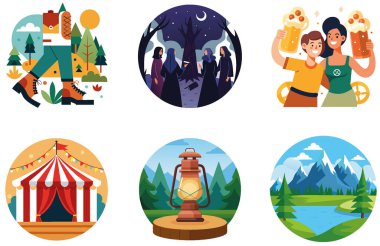 Kamp Paketi. Meraklı Palyaço Sirk Çadırı Koleksiyon Etiketleri. Al, Image Set 'i oluşturdu. Clipart çizgi film deisgn simgeleri