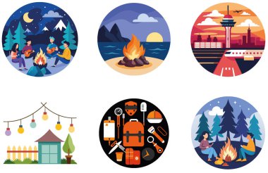 Kamp Paketi. Tencere dibin kara seninki benden kara, seninki benden kara. Al, Image Set 'i oluşturdu. Clipart çizgi film deisgn simgeleri