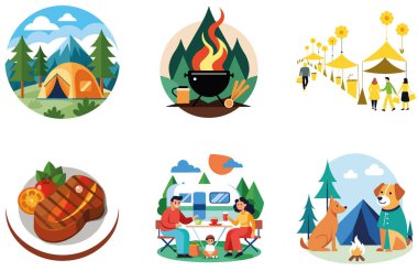 Kamp Paketi. Büyük Turuncu Sırt Çantası Macera Etiketleri. Al, Image Set 'i oluşturdu. Clipart çizgi film deisgn simgeleri