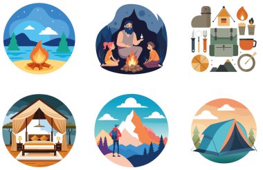 Kamp Paketi. Dinlenen Adam Günbatımı Gevşeme Etiketleri. Al, Image Set 'i oluşturdu. Clipart çizgi film deisgn simgeleri