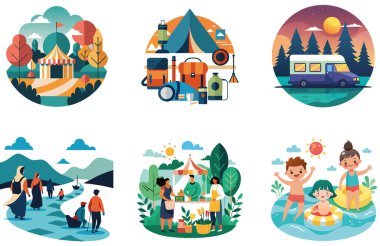 Kamp Paketi. Van River Yaşayan Macera Koleksiyonu Çıkartmaları. Al, Image Set 'i oluşturdu. Clipart çizgi film deisgn simgeleri