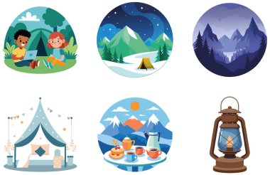 Kamp Paketi. Taşınabilir Güneş Şarjı Gölü Koleksiyon Etiketleri. Al, Image Set 'i oluşturdu. Clipart çizgi film deisgn simgeleri