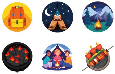 Kamp Paketi. Arka Araba Bagajı Seyahat Etiketleri. Al, Image Set 'i oluşturdu. Clipart çizgi film deisgn simgeleri