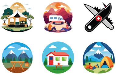 Kamp Paketi. Kırmızı ve Beyaz Sirk Çadırları Koleksiyon Etiketleri. Al, Image Set 'i oluşturdu. Clipart çizgi film deisgn simgeleri