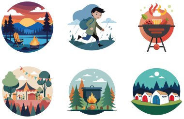 Kamp Paketi. Yoğun Orman Yağmurlu Gün Koleksiyon Çıkartmaları. Al, Image Set 'i oluşturdu. Clipart çizgi film deisgn simgeleri