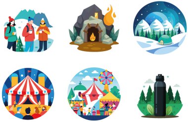 Kamp Paketi. Mülteci Kampı Çadırları Koleksiyon Etiketleri. Al, Image Set 'i oluşturdu. Clipart çizgi film deisgn simgeleri