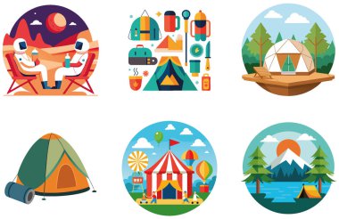 Kamp Paketi. Sert Katlanan Bıçak Koleksiyon Etiketleri. Al, Image Set 'i oluşturdu. Clipart çizgi film deisgn simgeleri