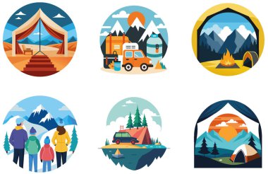 Kamp Paketi. Gülümseyen Turist Ailesi Göl Tahsilatları. Al, Image Set 'i oluşturdu. Clipart çizgi film deisgn simgeleri