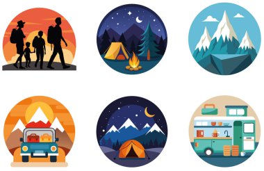 Kamp Paketi. Engebeli Yürüyüş Dağı Trek Toplama Çıkartmaları. Al, Image Set 'i oluşturdu. Clipart çizgi film deisgn simgeleri