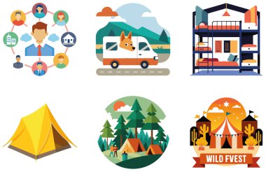 Kamp Paketi. Alp Gölü Tahoe Çadırı Koleksiyon Etiketleri. Al, Image Set 'i oluşturdu. Clipart çizgi film deisgn simgeleri