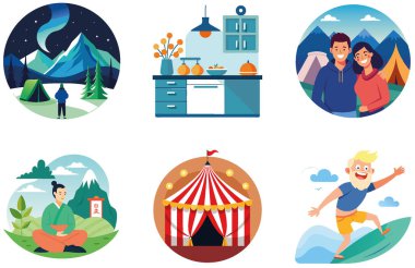 Kamp Paketi. Kadın Yürüyüş Dağları Toplama Çıkartmaları. Al, Image Set 'i oluşturdu. Clipart çizgi film deisgn simgeleri