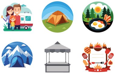 Kamp Paketi. Teepee Village Günbatımı Koleksiyon Etiketleri. Al, Image Set 'i oluşturdu. Clipart çizgi film deisgn simgeleri