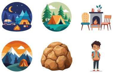 Kamp Paketi. Sahil kamp ateşi çıkartması koleksiyonu. Al, Image Set 'i oluşturdu. Clipart çizgi film deisgn simgeleri