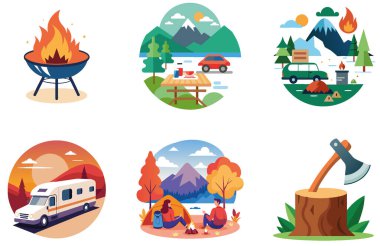 Kamp Paketi. Kırmızı ve Altın Sirk Çadırı Koleksiyon Etiketleri. Al, Image Set 'i oluşturdu. Clipart çizgi film deisgn simgeleri