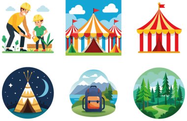 Kamp Paketi. Sihirli Orman Kamp Ateşi Çıkartmaları. Al, Image Set 'i oluşturdu. Clipart çizgi film deisgn simgeleri