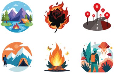 Kamp Paketi. Manzaralı Orman Kamp Bölgesi Çıkartmaları. Al, Image Set 'i oluşturdu. Clipart çizgi film deisgn simgeleri