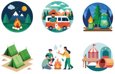Kamp Paketi. Kamp Malzemeleri Toplama Etiketleri Yığını. Al, Image Set 'i oluşturdu. Clipart çizgi film deisgn simgeleri