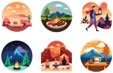 Kamp Paketi. Mavi Çadır Ormanı Kamp Etiketleri. Al, Image Set 'i oluşturdu. Clipart çizgi film deisgn simgeleri