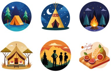 Kamp Paketi. Eskimiş Kahverengi Yürüyüş Botları Koleksiyon Etiketleri. Al, Image Set 'i oluşturdu. Clipart çizgi film deisgn simgeleri