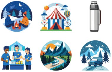 Kamp Paketi. Oktoberfest Bira Çadırı Kutlama Etiketleri. Al, Image Set 'i oluşturdu. Clipart çizgi film deisgn simgeleri