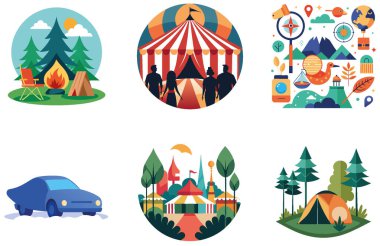 Kamp Paketi. Bulanık Sirk Çadırı Noel Koleksiyonu Çıkartmaları. Al, Image Set 'i oluşturdu. Clipart çizgi film deisgn simgeleri