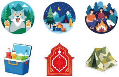 Kamp Paketi. Bulanık Gece Çadırları Koleksiyon Etiketleri. Al, Image Set 'i oluşturdu. Clipart çizgi film deisgn simgeleri