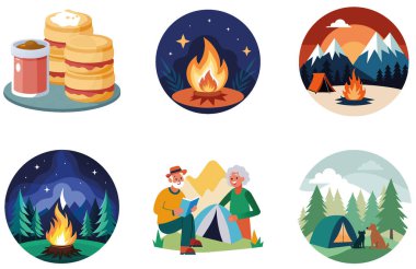 Kamp Paketi. Huzurlu Göl Kampı Günbatımı Koleksiyon Etiketleri. Al, Image Set 'i oluşturdu. Clipart çizgi film deisgn simgeleri