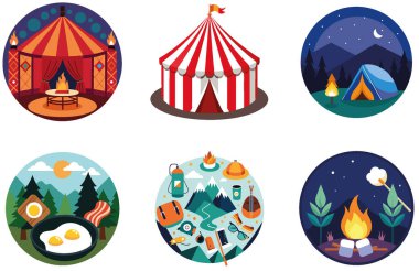 Kamp Paketi. Sıcak Kış Çorapları Çadır Koleksiyon Etiketleri. Al, Image Set 'i oluşturdu. Clipart çizgi film deisgn simgeleri