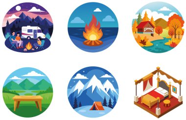 Kamp Paketi. Aile Pikniği Barbekü Yapıştırmaları. Al, Image Set 'i oluşturdu. Clipart çizgi film deisgn simgeleri