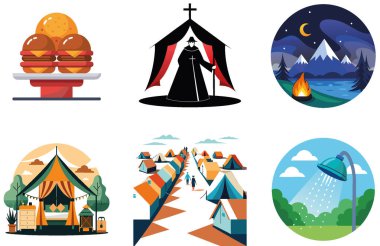 Kamp Macerası. Bir Doğa ve Manzara Koleksiyonu Çıkartması. Al, Image Set 'i oluşturdu. Clipart çizgi film deisgn simgeleri