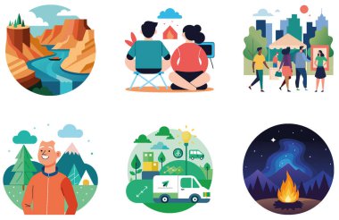 Ormanda kamp yapmak. Bir deste sükunet ve güzellik yapıştırması. - Ne? Al, Image Set 'i oluşturdu. Clipart çizgi film deisgn simgeleri