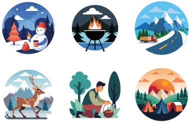 Kamp Paketi. Fantezi Ejder Ateşi Çıkartması Koleksiyonu. Al, Image Set 'i oluşturdu. Clipart çizgi film deisgn simgeleri