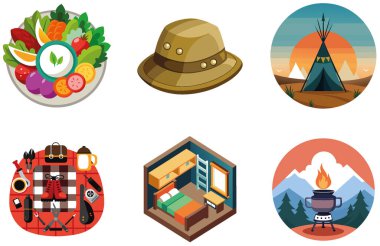 Kamp bekliyor. Bir paket Büyüleyici ve Festivalsel Koleksiyon Çıkartması. Al, Image Set 'i oluşturdu. Clipart çizgi film deisgn simgeleri