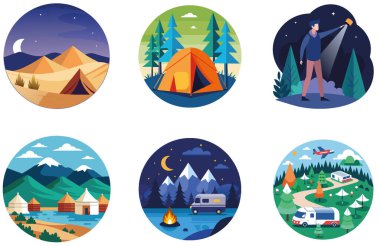 Kaçış Kampı. Serene ve Scenic Collection çıkartmaları. Al, Image Set 'i oluşturdu. Clipart çizgi film deisgn simgeleri