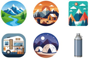 Kaçış Kampı. Bir demet Manzaralı ve Modern Koleksiyon Çıkartması. Al, Image Set 'i oluşturdu. Clipart çizgi film deisgn simgeleri