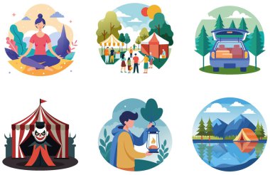 Kamp Macerası. Bir demet Çok Yönlü ve Seyahate Hazır Koleksiyon Etiketi. Al, Image Set 'i oluşturdu. Clipart çizgi film deisgn simgeleri