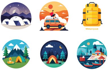 Kamp Macerası. Bir deste pratik ve çok yönlü koleksiyon çıkartması. Al, Image Set 'i oluşturdu. Clipart çizgi film deisgn simgeleri