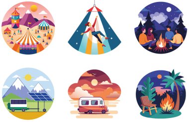 Kamp toplantısı. Bir paket kültürel ve kutsal koleksiyon çıkartması. Al, Image Set 'i oluşturdu. Clipart çizgi film deisgn simgeleri