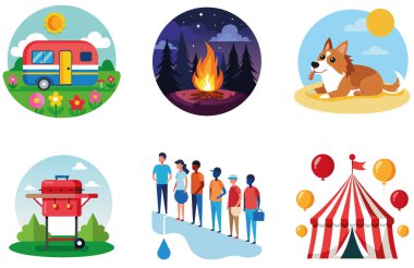 Kaçış Kampı. Bir Sükunet ve Arkadaşlık Koleksiyonu Çıkartması. Al, Image Set 'i oluşturdu. Clipart çizgi film deisgn simgeleri