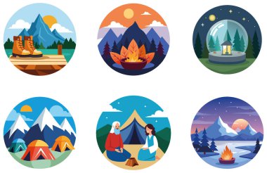 Kutlama kampı. Bir deste canlı ve şenlikli koleksiyon çıkartması. Al, Image Set 'i oluşturdu. Clipart çizgi film deisgn simgeleri